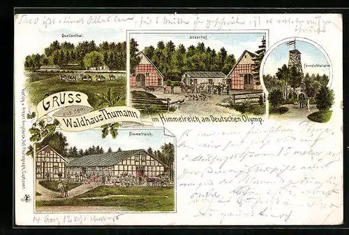 Lithographie Wingst, Quellenthal, Ackerhof, Fernsichtsturm, Waldhaus Thumann im Himmelreich