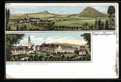 Lithographie Engen i. H., Gesamtansicht, Ortspartie