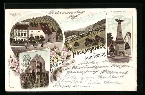 Lithographie Neckargerach, Hotel Krone (Post), Minneburg, Kriegerdenkmal, Ortsansicht