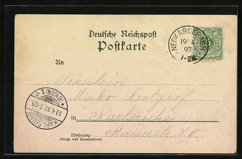 Lithographie Neckargerach, Hotel Krone (Post), Minneburg, Kriegerdenkmal, Ortsansicht