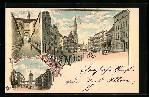 Lithographie Neuötting, Stadtplatz, Landshuter-Thor, Stadtthor