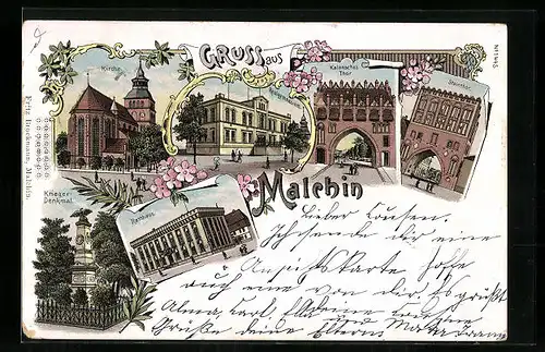 Lithographie Malchin, Kalensches Thor, Steinthor, Realgymnasium, Rathhaus, Krieger-Denkmal