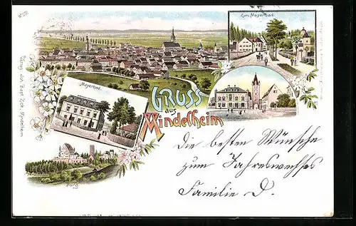 Lithographie Mindelheim, Ortsansicht, Mayenbad, Burg, Strassenpartie