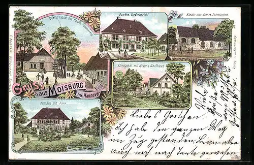 Lithographie Moisburg /Prov. Hannover, Dorfstrasse b. Kaufm. Hasenkamp, Domäne, Estedamm mit Meyer`s Gasthaus