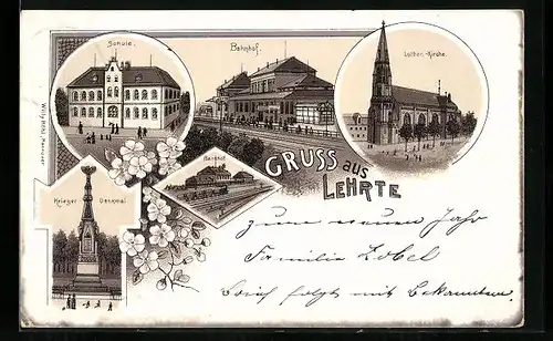 Lithographie Lehrte, Bahnhof, Luther-Kirche, Schule, Kriegerdenkmal
