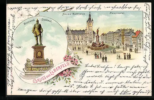 Lithographie Elberfeld, Neues Rathaus, Neumarkt, Bismarck-Denkmal