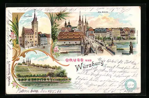 Lithographie Würzburg, Alte Brücke, Rathaus, Käpelle