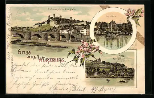 Lithographie Würzburg, Die Festung mit der alten Brücke, Königliches Schloss, Kapelle