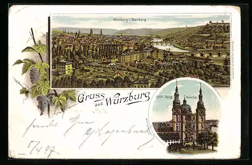 Lithographie Würzburg, Ortsansicht v. Steinberg, Stift Haug, Kirche