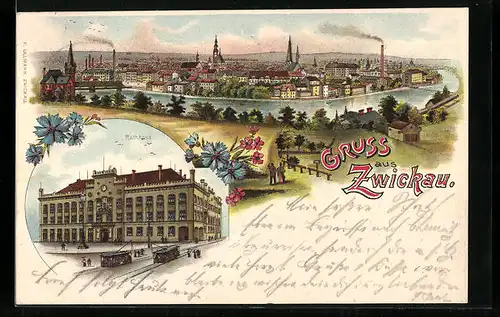 Lithographie Zwickau, Ortsansicht und Rathaus