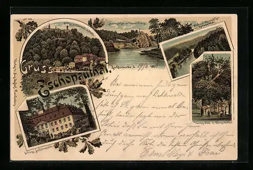 Lithographie Lichtenwalde, Schloss Lichtenwalde, Blick zum Harrasfelsen ins Zschopauthal, Harras-Eiche & Harras-Denkmal