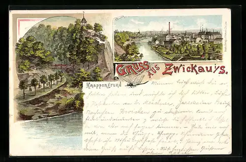 Lithographie Zwickau, Partie im Knappengrund, Panoramablick auf die Stadt