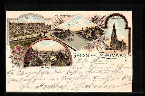 Lithographie Zwickau, Römerplatz, Marienkirche, Albertplatz