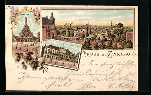 Lithographie Zwickau i. S., Teilansicht, Rathaus, Gewandhaus