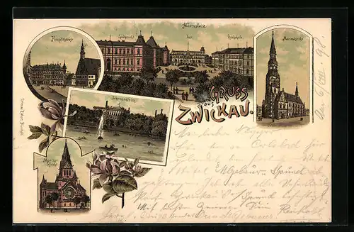 Lithographie Zwickau, Moritzkirche, Schwanenteich, Hauptmarkt