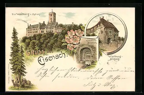Vorläufer-Lithographie Eisenach, Elisabeth-Brunnen, Wartburg Eingang 1893