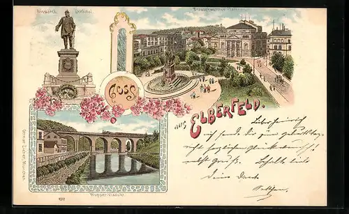 Lithographie Elberfeld, Bismarck Denkmal, Wupper-Viadukt