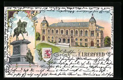 Lithographie Elberfeld, Strassenpartie und Denkmal Kaiser Wilhelm I.