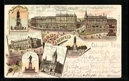 Lithographie Elberfeld, Hotel Weidenhof, Stadthalle, Neues Rathaus, Kaiser Friedrich Denkmal