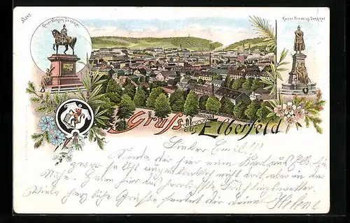 Lithographie Elberfeld, Gesamtansicht, Kaiser Wilhelm Denkmal