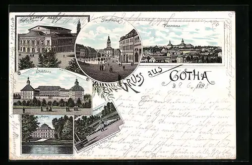 Lithographie Gotha, Herz. Hof-Theater, Panorama, Hauptmarkt, Museum