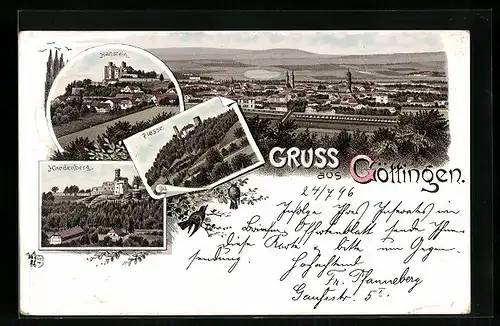 Lithographie Göttingen, Ortsansicht, Plesse, Hardenberg, Hanstein