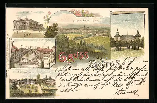 Lithographie Gotha, Theater, Marktplatz, Friedrichsthal