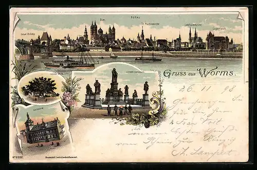 Lithographie Worms, Rathhaus, Totalansicht, Luther-Denkmal