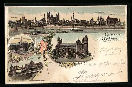 Lithographie Worms, Totalansicht, Dom, Festspielhaus