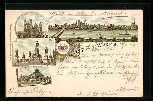 Lithographie Worms, Dom, Lutherdenkmal