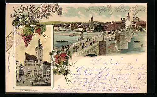 Lithographie Würzburg, Alte Brücke und Stadt, Graf Eckhardtturm