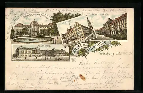 Vorläufer-Lithographie Würzburg, Königl. Schloss mit Fontaine, Universität 1895