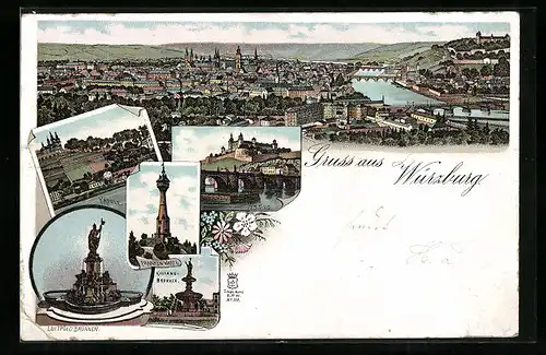 Lithographie Würzburg, Luitpoldbrunnen, Frankenwarte, Festung, Käpple, Ortsansicht