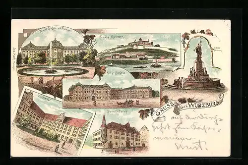 Lithographie Würzburg, Königl. Schloss, Bischöfl. Palais, Universität