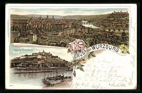 Lithographie Würzburg, Teilansicht, Festung Marienberg