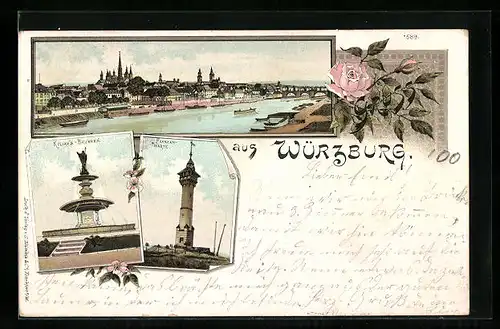 Lithographie Würzburg, Mainufer, Kiliansbrunnen, Frankenwarte