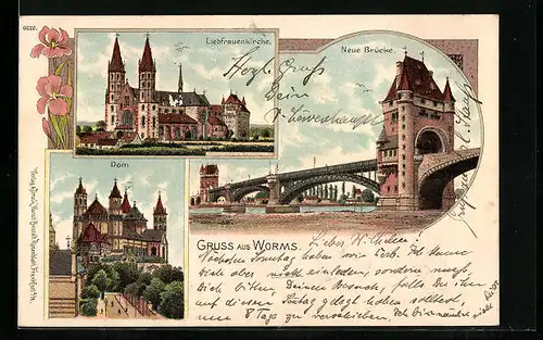 Lithographie Worms, Neue Brücke, Liebfrauenkirche, Dom