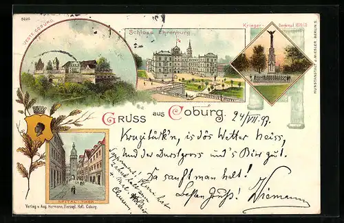 Lithographie Coburg, Schloss Ehrenburg, Spital-Thor, Krieger-Denkmal