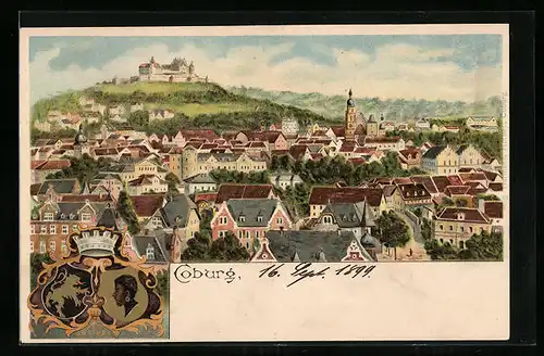 Lithographie Coburg, Totalansicht aus der Vogelschau