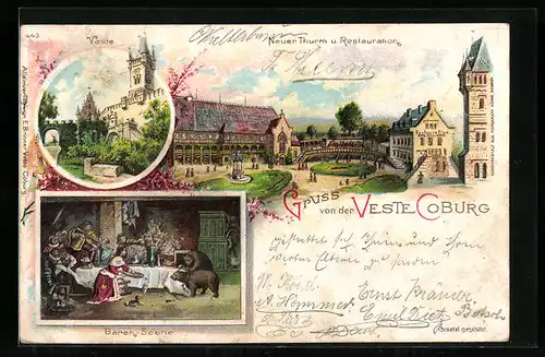 Lithographie Coburg, Neuer Thurm und Restauration, Veste, Bären-Scene