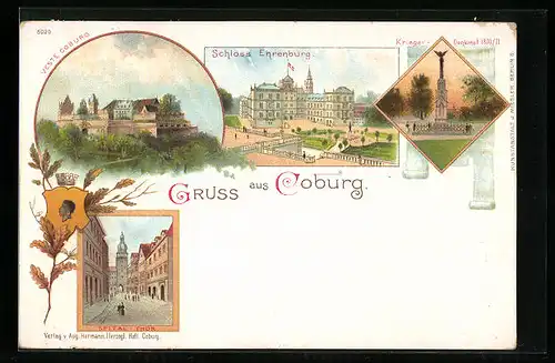 Lithographie Coburg, Schloss Ehrenburg, Spital-Thor, Krieger-Denkmal