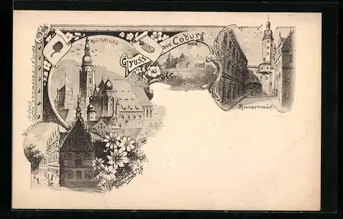 Künstler-AK Coburg, Moritzkirche, Veste, Gymnasium