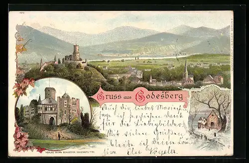 Lithographie Godesberg, Totalansicht mit Ruine