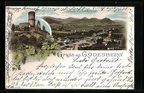 Lithographie Godesberg, Burg, Ortsansicht mit Siebengebirge