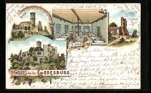 Lithographie Godesberg, Partie an der Ruine & Saal, Godesburg