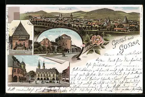 Lithographie Goslar, Pauls Hotel und Thurm, Gildehaus