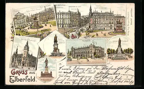 Lithographie Elberfeld, Neus Theater, Krieger-Denkmal, Hotel Weidenhof