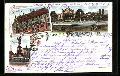 Lithographie Freiburg i. B., Rathaus, Siegesdenkmal und Stadtgarten