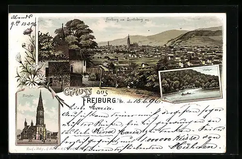 Lithographie Freiburg i. Br., Panoramablick vom Lorettoberg aus, Münster und Waldsee