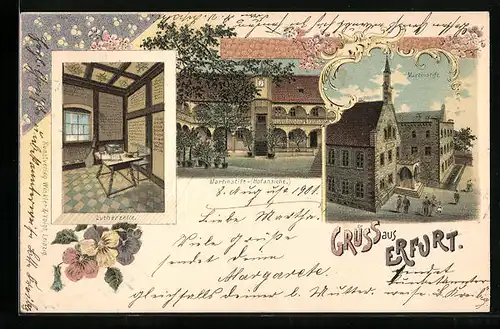 Lithographie Erfurt, Lutherzelle, Martinstift, Hofansicht